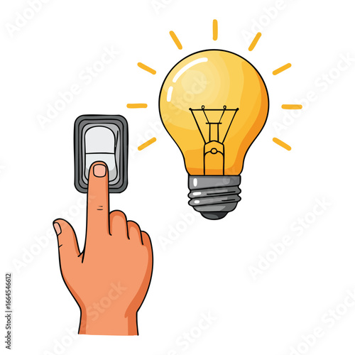 Hand Turning On a Lightbulb: Cartoon Illustration of an Idea.