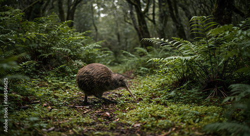 Kiwi Bird Foraging in New Zealand Forest Underbrush