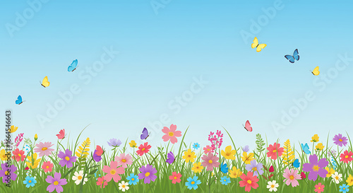 Vibrant Wildflowers and Butterflies, Spring Meadow, Blue Sky Background