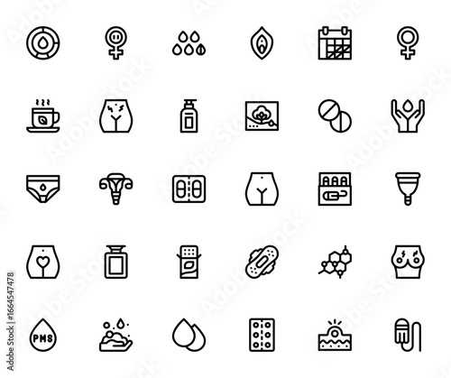 Menstruation icon set. Women health vector illustrations. Includes symbols for cycle, menopause, sanitary pad, tampon, cramps, uterus, contraceptive pills, and more.