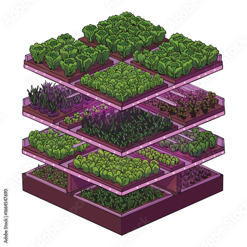 Compact multi-level vertical farm with diverse green plants on illuminated square trays.
