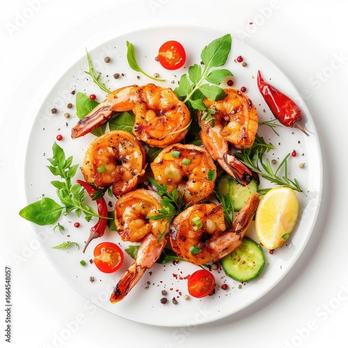 Grilled shrimp platter, garnished with herbs, vegetables, and spices