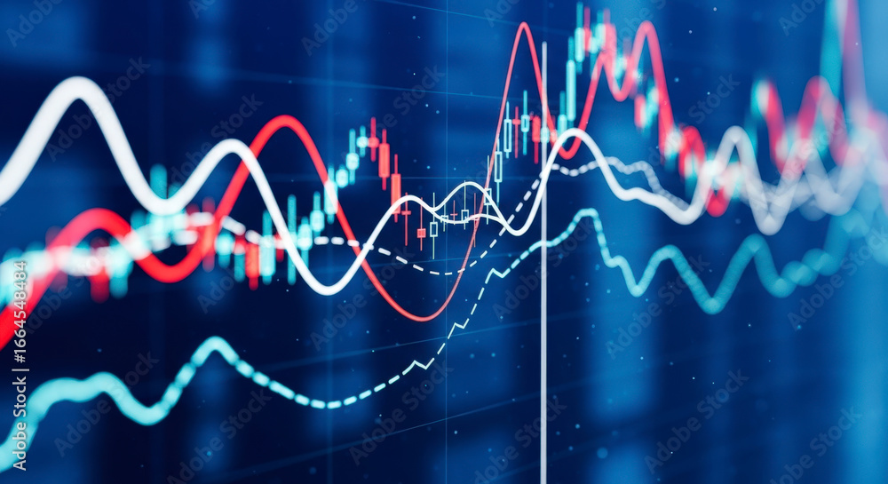 Financial market data displayed as a digital chart with multiple graphs and candlestick patterns, representing stock trends and economic analysis