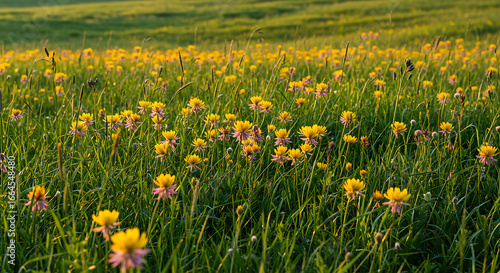 Golden wildflowers in a summer meadow at sunset