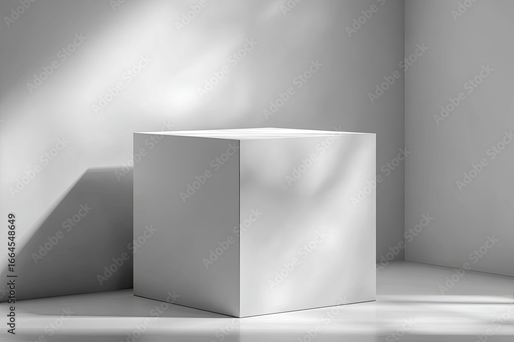 Fototapeta premium Blank white cube display podium in sunlit corner