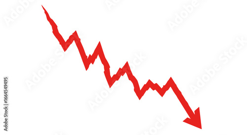 Red downward trend arrow illustrates financial decline, economic crisis, or business losses