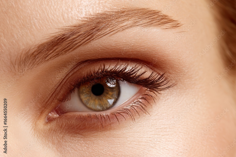 Obraz premium A close-up image of a hazel eye with well-groomed eyebrow and natural makeup, showing detailed skin texture and eyelashes