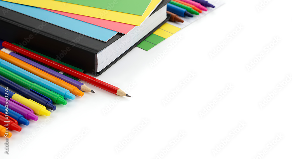Fototapeta premium Colorful Pencils, Crayons, Book & Paper on White
