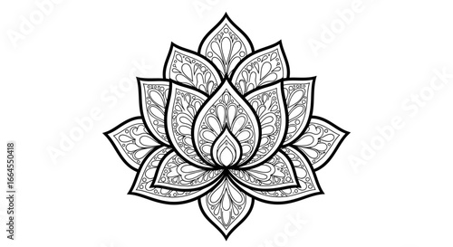 Detailed black and white line art illustration of a lotus flower with intricate patterns.