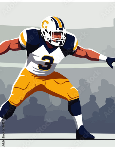 Dynamic illustration capturing the intense focus and powerful stance of an American football player on the field, showcasing the athleticism and competitive spirit of the sport in a game-day scenario