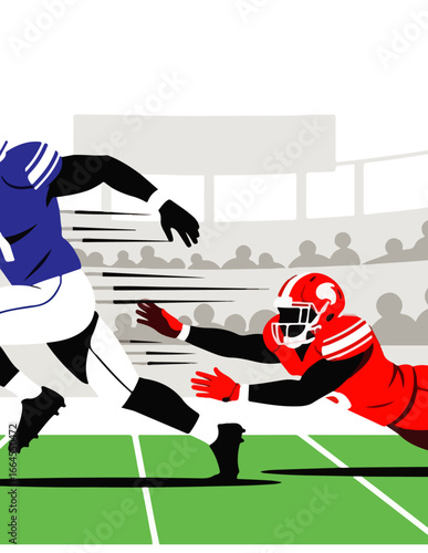 Vibrant vector artwork depicting a thrilling moment in a football game, with a player evading a tackle and another player in pursuit, showcasing athletic competition on the field