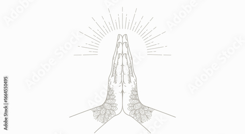 Illustration of praying hands with sun rays, representing spirituality and inner peace.
