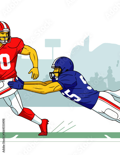 Intense American football illustration capturing a powerful runner in red trying to escape a determined tackle by a blue-clad defender on the gridiron