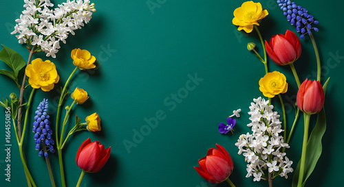 Spring Flowers Frame, Teal Background, Flat Lay