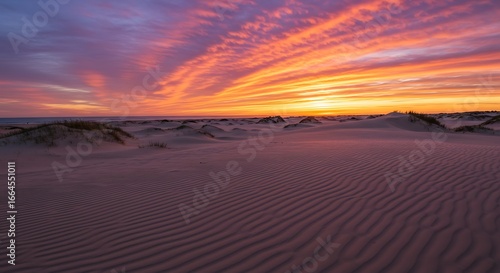 Sunset's Fiery Embrace: Coastal Dunescape