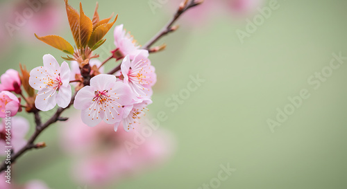 Pink Blossoms on Branch, Soft Green Background