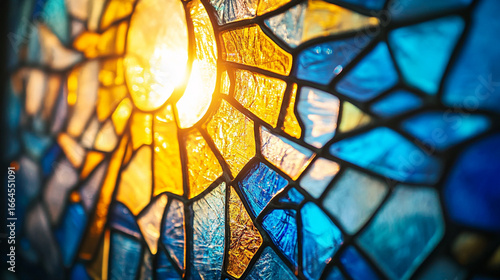 Close-up of stained-glass window with fractured blue-gold light, abstract divine mercy theme