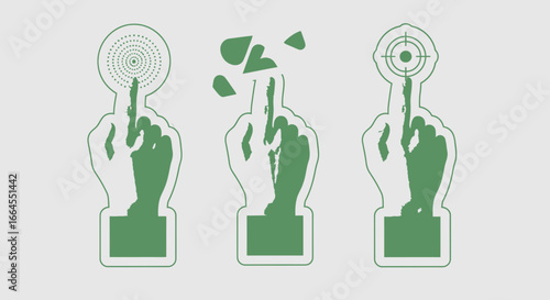 Hands selecting digital options for modern business solutions with target, shapes, and dots icons