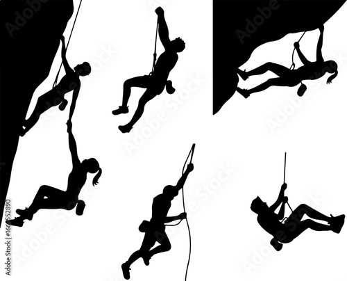 Silhouettes of Rock Climbers in Action"