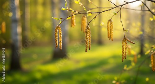 Golden Birch Catkins in Spring Sunlight