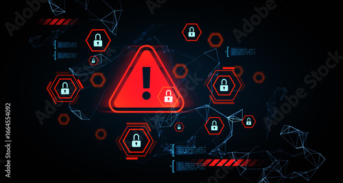 Fotografie Cybersecurity warning symbol with digital padlocks and polygonal network connections on dark background representing data breach concept alert