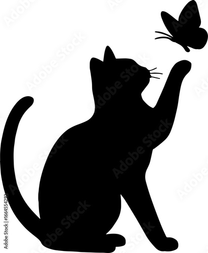 Cat Catching Butterfly - Playful Pet Silhouette Illustration Art with white background 