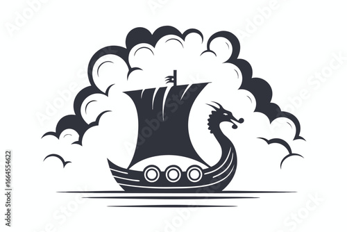 Drakkar Viking Ship with Dragon Head Silhouette on White Background Design