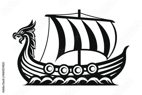 Dragon Head Viking Ship Illustration, Decorative Boat on White Background