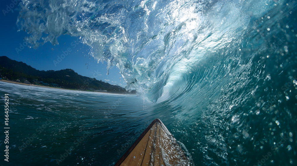 Obraz premium A surfer's perspective inside a powerful, crystal clear ocean wave under a sunny sky
