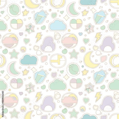 Seamless Pattern, Whimsical pastel pattern featuring moons, stars, clouds, and other cute elements Stock royalty free