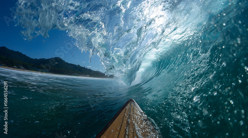 A surfer's perspective inside a powerful, crystal clear ocean wave under a sunny sky