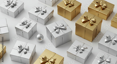 Silver and Gold Gift Boxes Pattern, Holiday Background