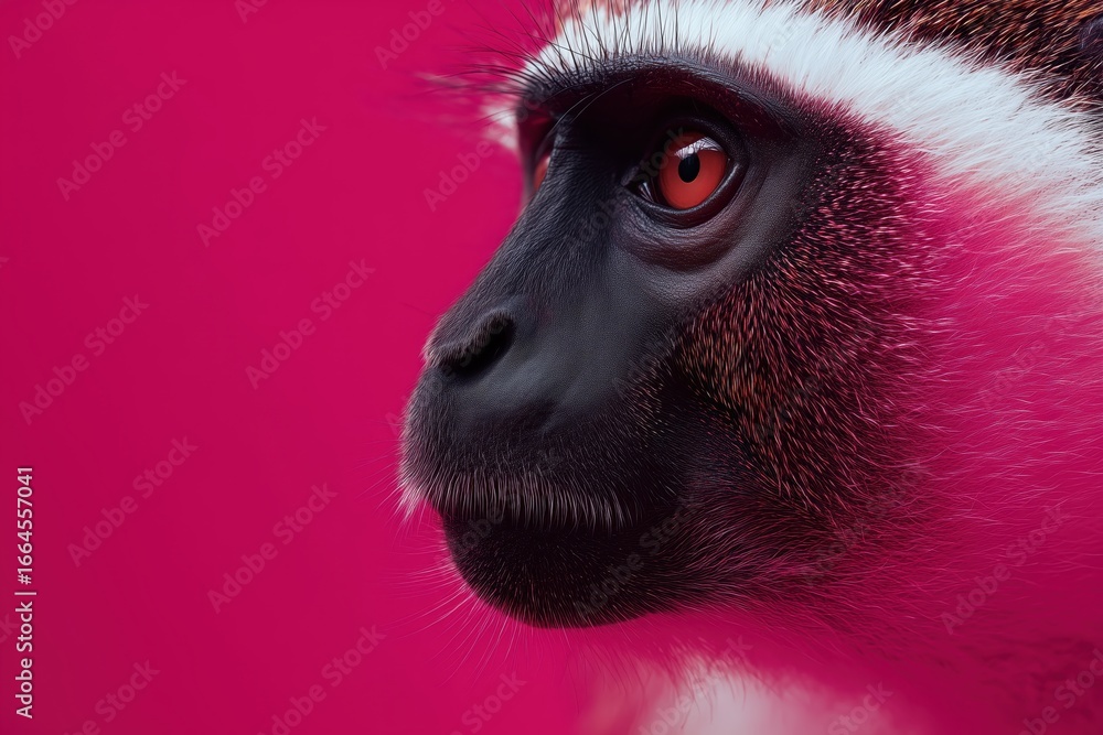 Obraz premium Primer plano de un lémur de vientre rojo con una mirada intensa sobre un fondo magenta.