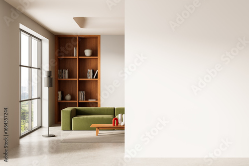 Modern interior with empty white wall mockup and stylish green sofa near wooden shelves in living room setup for poster or design template display. 3D Rendering