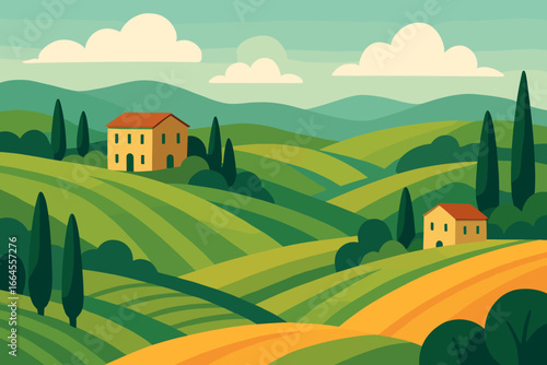 Tuscany landscape with rolling hills, farm fields. Italian rural summer scene with houses, cypress trees. Abstract vector nature background. Flat design European countryside.
