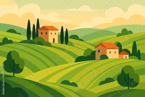 Italian Tuscany landscape with rolling green hills, farmhouses, and cypress trees. European summer rural village scene in Italy. Beautiful scenic view. Modern flat vector background.