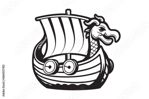 Black and White Viking Ship Drakkar with Dragon Head on White Background