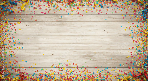 Colorful Confetti and Ribbon Border on Wooden Background