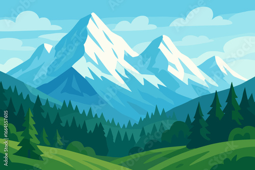 Mountain landscape with snow capped peaks and pine forest. Nature background. Scenic outdoor panorama view. Flat vector cartoon illustration for travel, tourism or hiking concepts.