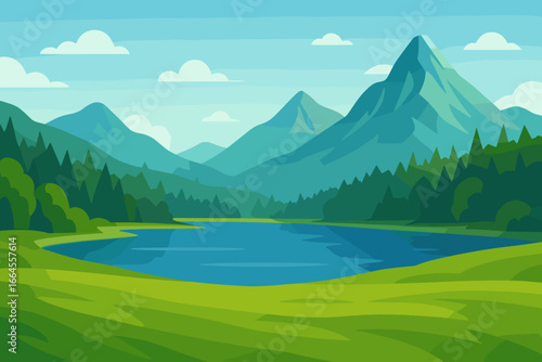 Summer mountain landscape with lake and forest. Panoramic nature scenery with green meadow, blue water, and peaks. Flat vector cartoon illustration for background or travel banner.