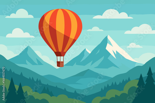 Hot air balloon over mountain landscape. Travel adventure journey concept. Modern flat vector illustration. Nature scenic background with forest, peaks, sky. Freedom exploration.