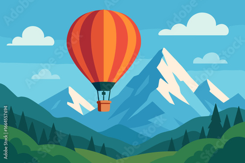 Hot air balloon flying over a scenic mountain landscape. Modern flat vector cartoon illustration. Concept of travel, adventure, journey, freedom and exploration. Nature view.
