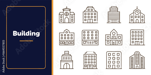 Collection of line art building icons for architectural design