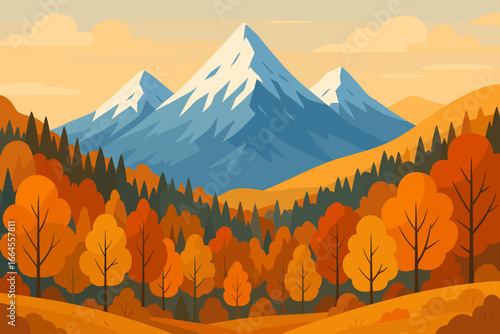 Autumn mountain landscape vector illustration. Scenic nature background with orange forest and snowy peaks. Fall season travel or tourism banner concept. Flat cartoon minimalist style.