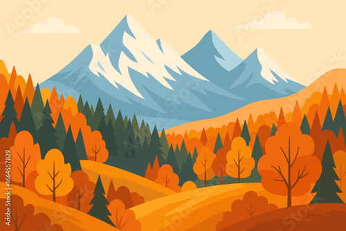 Autumn mountain landscape vector illustration. Amazing landscape of snowy mountains and fall forest. Beautiful nature background for print, flyer, web banner. Travel concept.