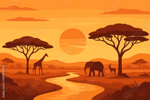 African savanna landscape at sunset. Wildlife safari scene with elephant, giraffe, antelope silhouettes by a river. Modern flat vector illustration for travel and nature prints.