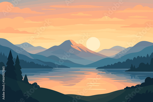 Tranquil mountain lake landscape at sunrise. Vector illustration of a serene morning scene with sun, forest, and water reflection. Flat cartoon nature background for travel.