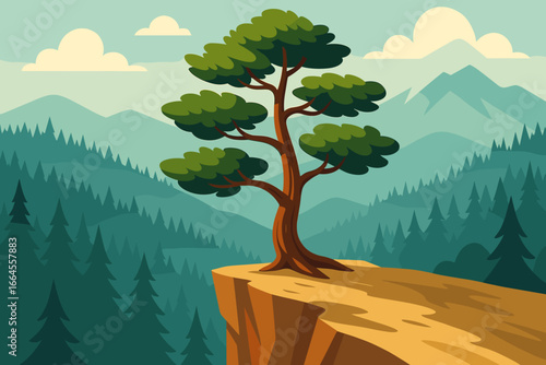 Coniferous tree on cliff edge overlooking mountain forest. Vector cartoon landscape background. Flat design nature scenery. Outdoor adventure travel concept. Pine illustration.