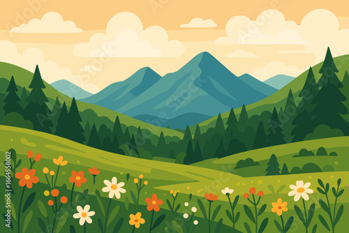 Beautiful landscape illustration of a peaceful summer day. Mountain valley with pine forest and a field of flowers. Nature travel concept. Modern flat cartoon vector background.