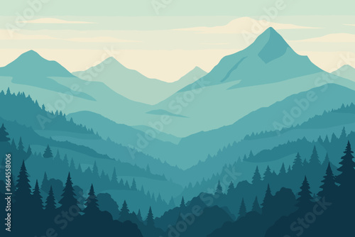 Panoramic view of mountains in fog. Misty forest silhouette background. Abstract layered landscape. Nature scenery for hiking, travel. Minimalist vector art for wallpaper.